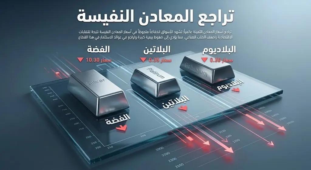 تصميم احترافي يقارن نسب الانخفاض في أسعار معادن الفضة والبلاتين والبلاديوم.