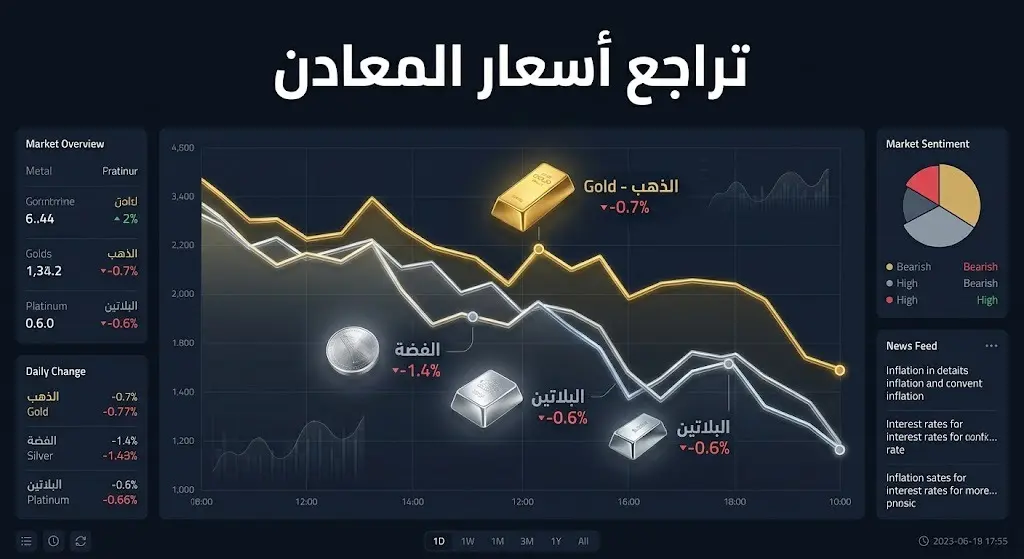 إنفوجرافيك مالي عصري يوضح بالأرقام والنسب المئوية تراجع أسعار المعادن النفيسة كالذهب والفضة والبلاتين على خلفية داكنة.