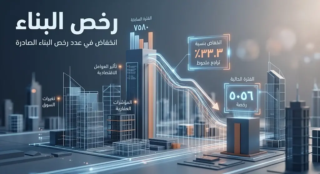تصميم بياني وتعبيري يظهر تراجع أعداد رخص البناء بنسبة 33.3% لتبلغ 5056 رخصة.