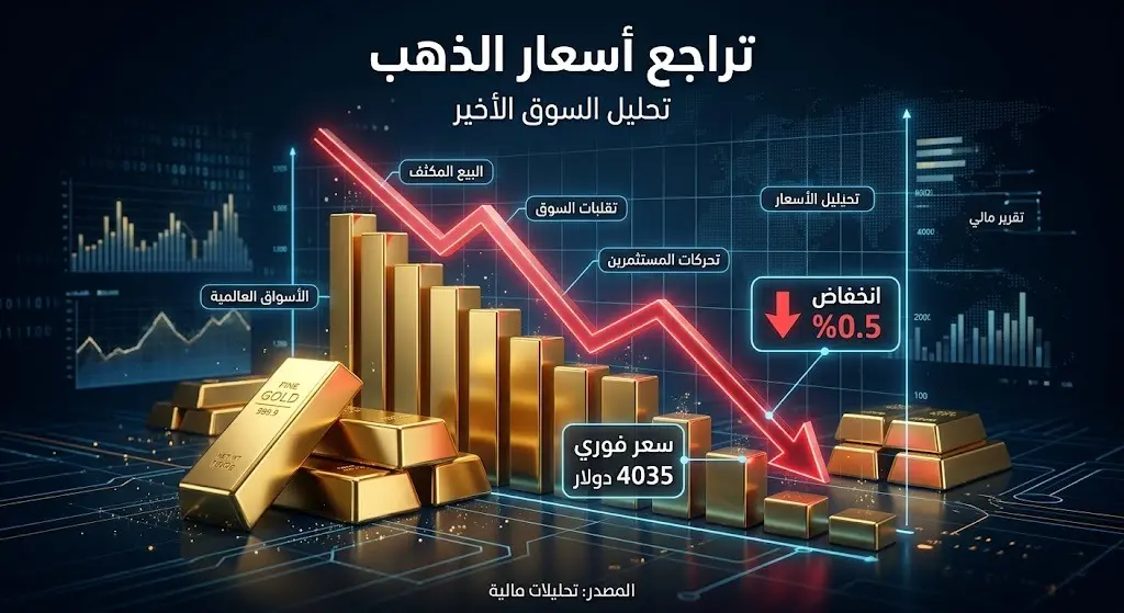 رسم بياني يوضح تراجع أسعار الذهب في المعاملات الفورية والعقود الآجلة مع أرقام توضيحية