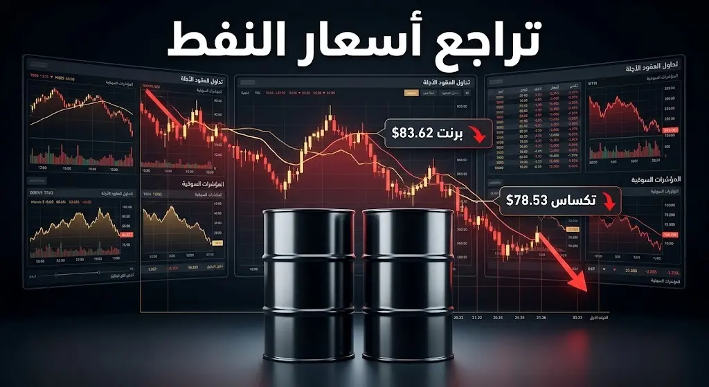 إنفوجرافيك يوضح تراجع أسعار العقود الآجلة لخامي برنت وغرب تكساس الوسيط مع تسليط الضوء على أرقام الانخفاض.