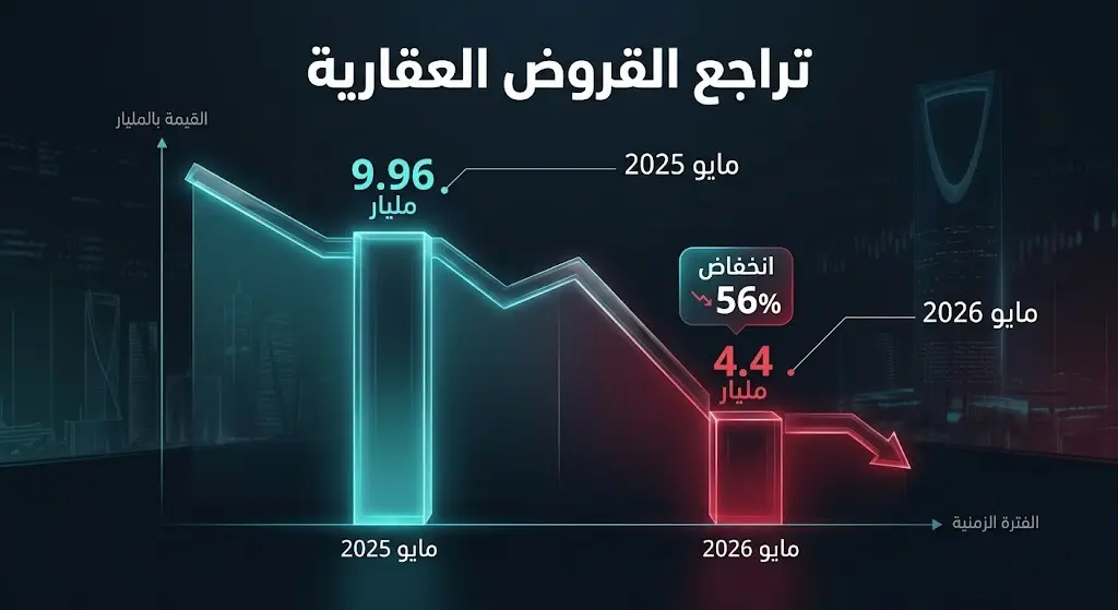 إنفوجرافيك بياني يوضح انخفاض قيمة القروض العقارية السكنية الجديدة في السعودية بنسبة 56 بالمئة بين مايو 2025 ومايو 2026.