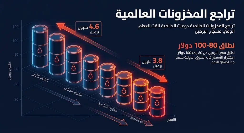 إنفوجرافيك يوضح تراجع مخزونات النفط العالمية بمتوسط 3.8 إلى 4.6 مليون برميل يومياً وتأثير ذلك على الأسعار