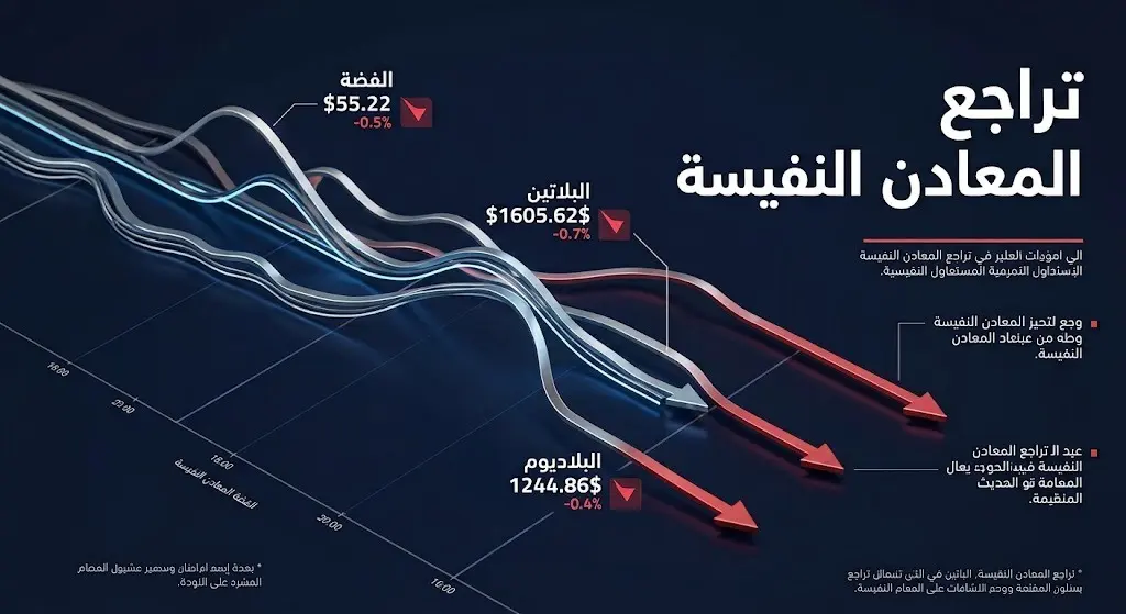 إنفوجرافيك مالي يوضح تراجع أسعار المعادن النفيسة الأخرى مثل الفضة والبلاتين والبلاديوم مدعوماً بالأرقام والنسب المئوية للانخفاض.