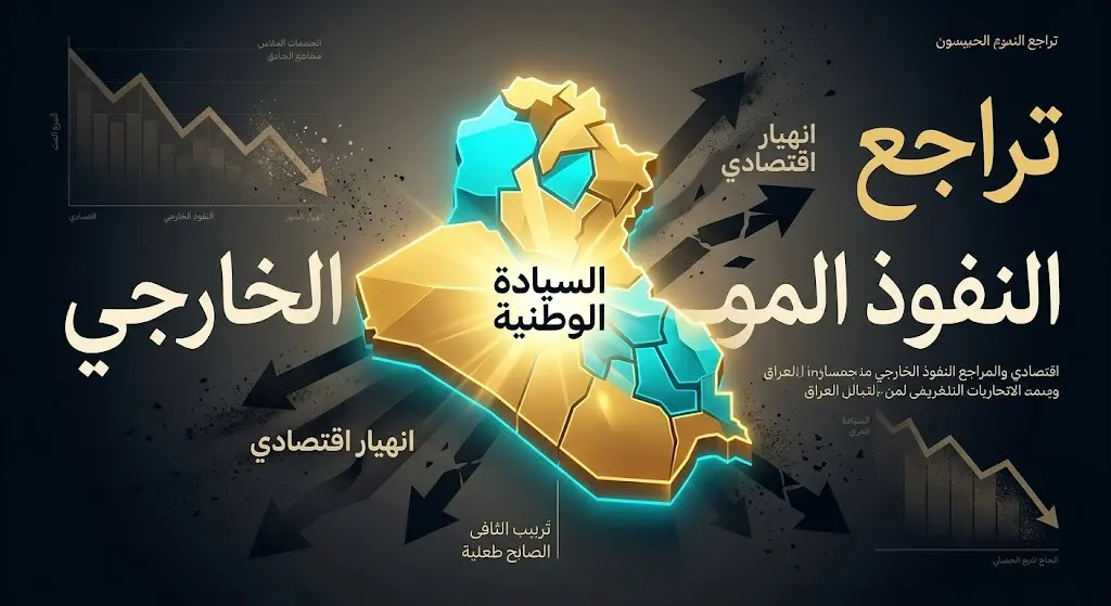 تصميم بصري رمزي يظهر مساحة مضيئة تعبر عن السيادة الوطنية العراقية، بينما تنحسر عنها ظلال النفوذ الخارجي ومؤشرات الانهيار الاقتصادي الإقليمي.