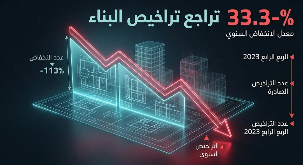 تصميم تعبيري يدمج بين المخططات الهندسية ومؤشر بيانات أحمر هابط، يمثل انخفاض تراخيص البناء.