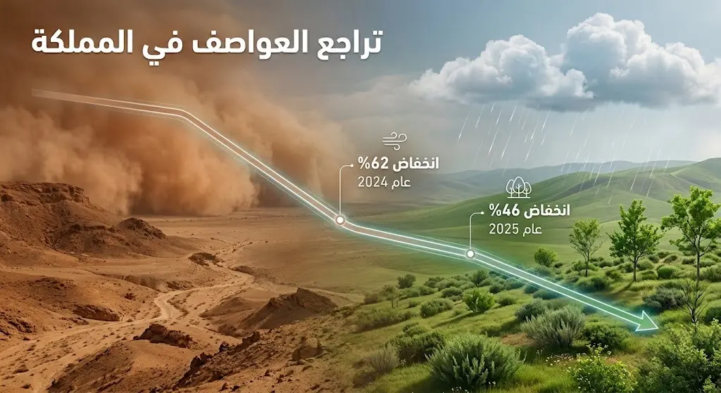 تصميم مرئي يدمج بين تراجع موجات الغبار وازدهار الطبيعة الخضراء، موضحاً نسب انخفاض العواصف الرملية في السعودية خلال عامي 2024 و2025.
