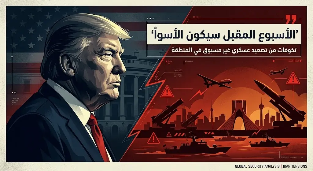 تصميم صحفي يبرز تصريحات ترامب التحذيرية لإيران مع خلفية تعبيرية تعكس التوتر العسكري والسياسي.