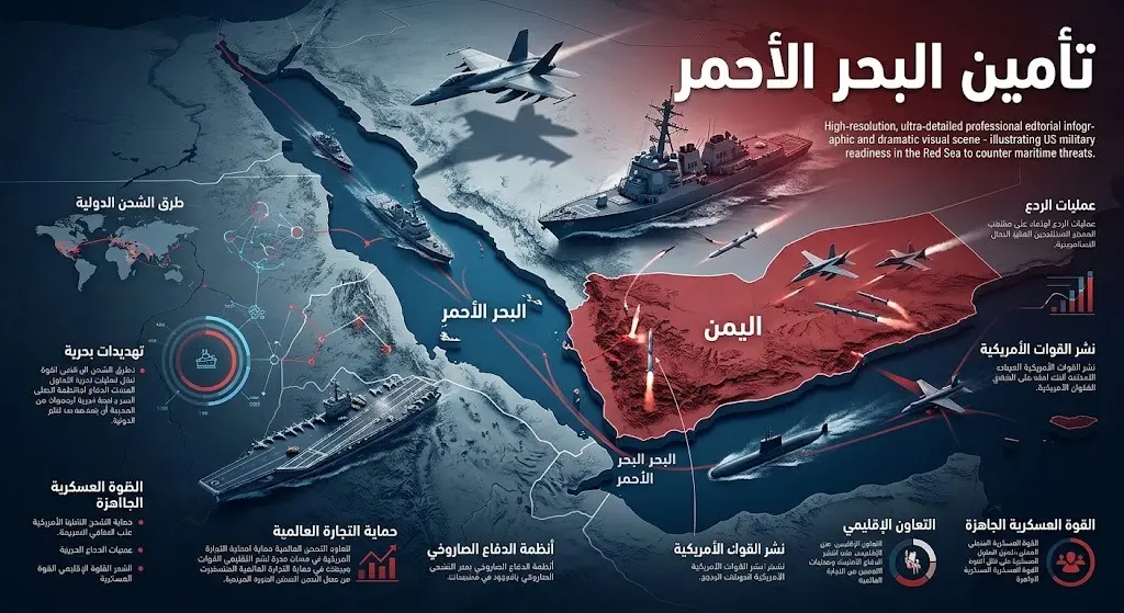إنفوجرافيك تعبيري يجسد التواجد العسكري الأمريكي لتأمين البحر الأحمر ومضيق باب المندب.