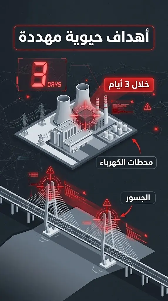 تصميم غرافيكي يبرز التهديدات الأمريكية بضرب البنية التحتية الإيرانية كالجسور ومحطات الكهرباء خلال 3 أيام.