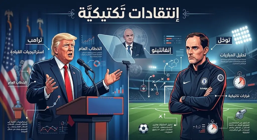 صورة تعبيرية تظهر الرئيس ترامب وهو يوجه انتقادات لتوماس توخل بحضور جاني إنفانتينو، مع نصوص عربية توضيحية.