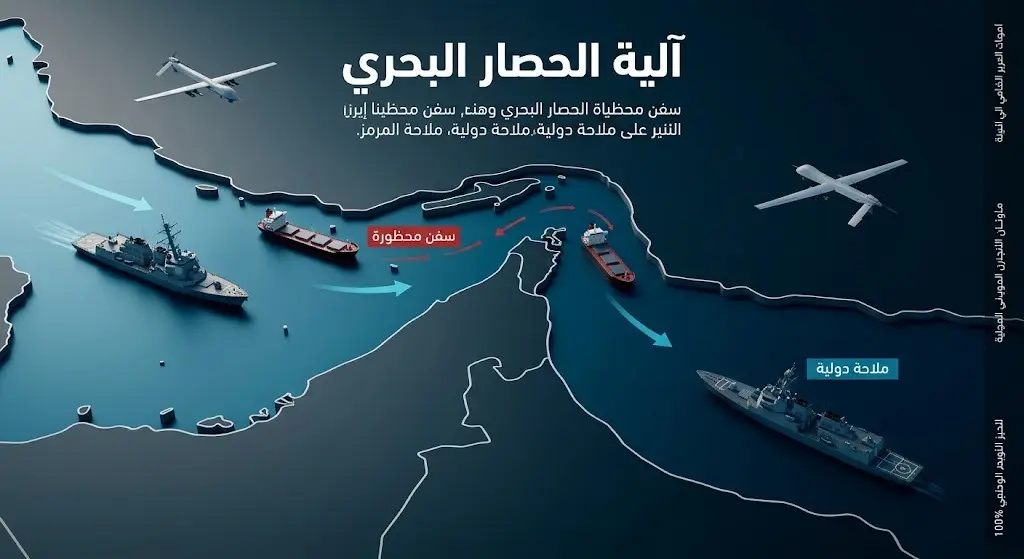إنفوجرافيك يوضح آلية الحصار البحري الأمريكي على السفن المرتبطة بإيران في مضيق هرمز مع استمرار الملاحة الدولية.