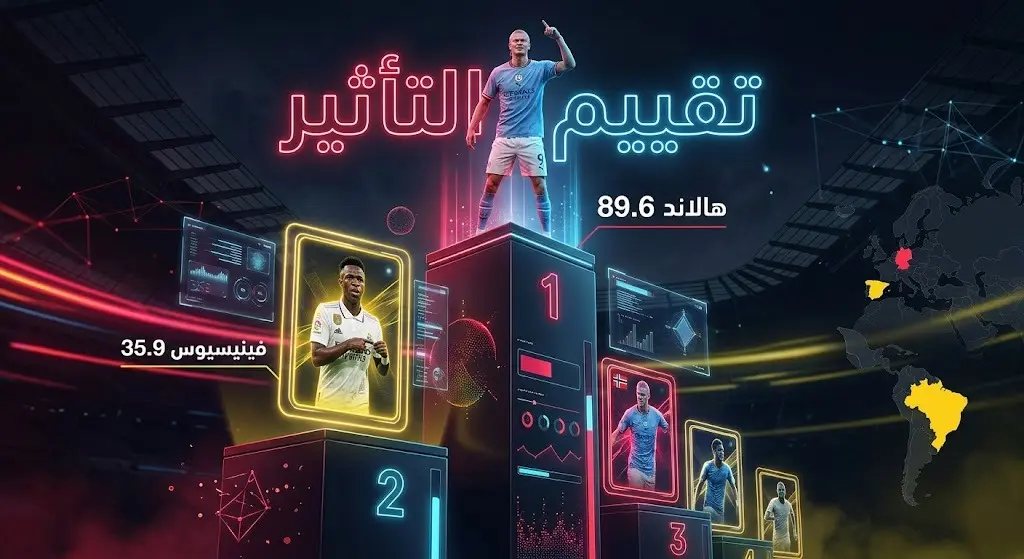 إنفوجرافيك رياضي حديث يستعرض ترتيب اللاعبين الأكثر تأثيراً في المباراة، يبرز فيه تصدر النرويجي إرلينج هالاند بفارق شاسع عن أقرب منافسيه، مع تصميم يدمج ألوان منتخبي النرويج والبرازيل.