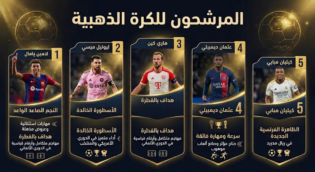 إنفوجرافيك احترافي يستعرض الترتيب المتوقع لأبرز المرشحين لجائزة الكرة الذهبية 2026، حيث يتصدر لامين يامال القائمة يليه ليونيل ميسي.