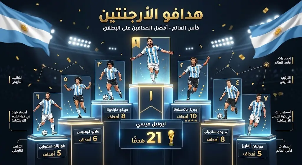 إنفوجرافيك يستعرض ترتيب الهدافين التاريخيين لمنتخب الأرجنتين في كأس العالم يتصدرهم ليونيل ميسي بـ 21 هدفاً.