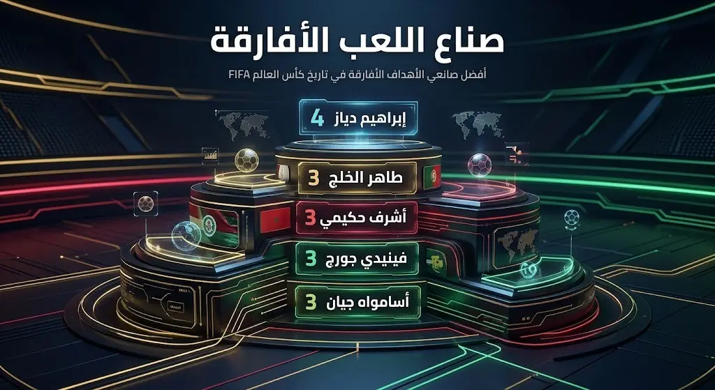 إنفوجرافيك بياني يعرض ترتيب أفضل صناع الأهداف الأفارقة في تاريخ كأس العالم، يتصدرهم إبراهيم دياز برصيد 4 تمريرات حاسمة