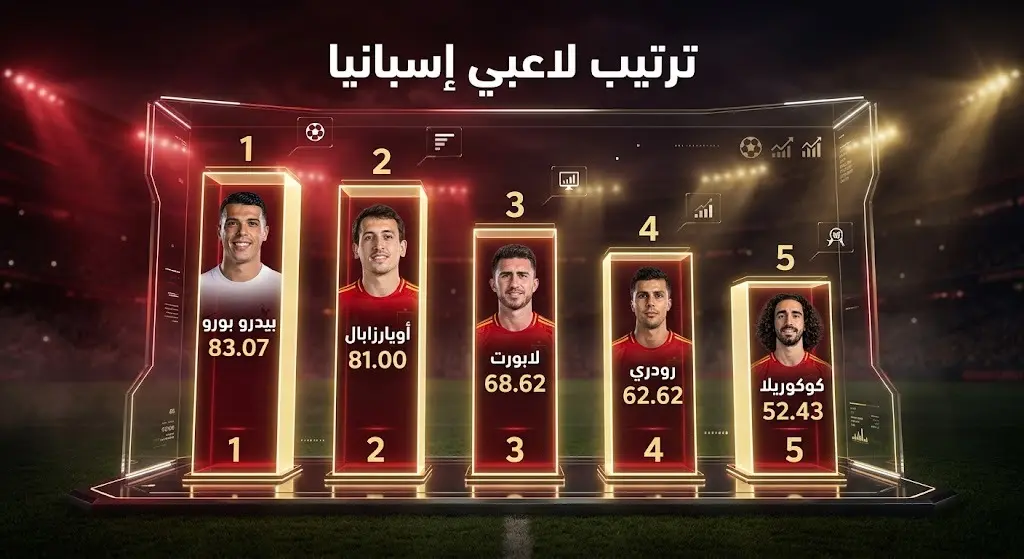 رسم بياني يوضح ترتيب أفضل 5 لاعبين في منتخب إسبانيا بمؤشر تقييم التأثير، ويتصدرهم اللاعب بيدرو بورو.
