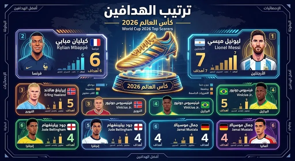 إنفوجرافيك يستعرض جدول ترتيب هدافي كأس العالم 2026 والمنافسة على الحذاء الذهبي.