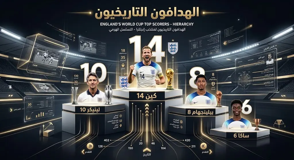 إنفوجرافيك يستعرض ترتيب أفضل هدافي منتخب إنجلترا في تاريخ مشاركاتهم في كأس العالم.