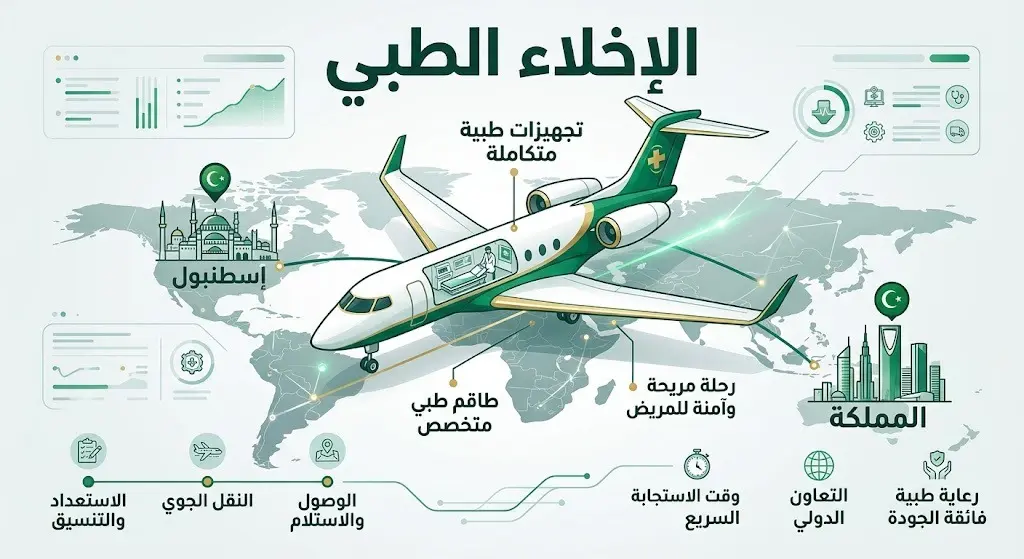تصميم فني يظهر طائرة إخلاء طبي حديثة تحلق فوق خريطة رقمية تمثل مسار الرحلة من إسطنبول إلى المملكة العربية السعودية، مع نصوص توضيحية.