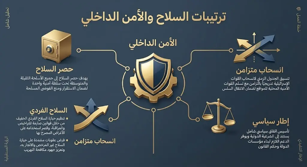 إنفوجرافيك تحليلي يوضح ترتيبات السلاح والأمن الداخلي في غزة، متضمناً شروط حصر السلاح، استثناء السلاح الفردي، والجدول الزمني للانسحاب.