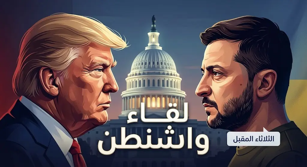 تصميم صحفي إبداعي يرمز للقاء الدبلوماسي المرتقب بين الرئيسين ترامب وزيلينسكي في العاصمة واشنطن
