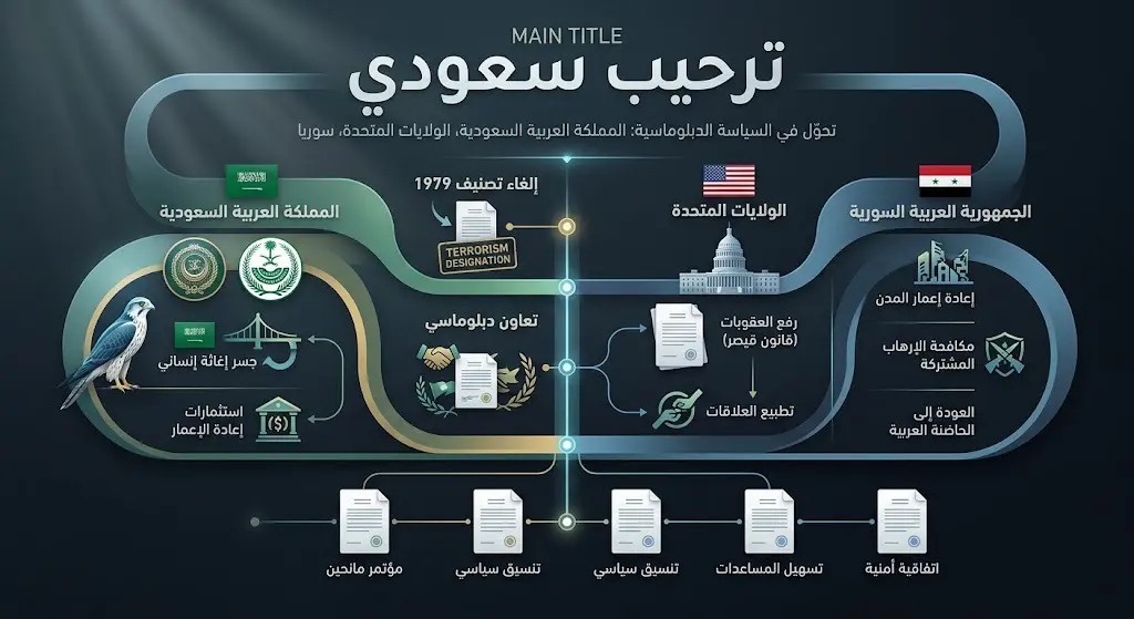 إنفوجرافيك يوضح الترحيب السعودي بالإجراءات الأمريكية المتعلقة برفع اسم سوريا من قائمة الدول الراعية للإرهاب.
