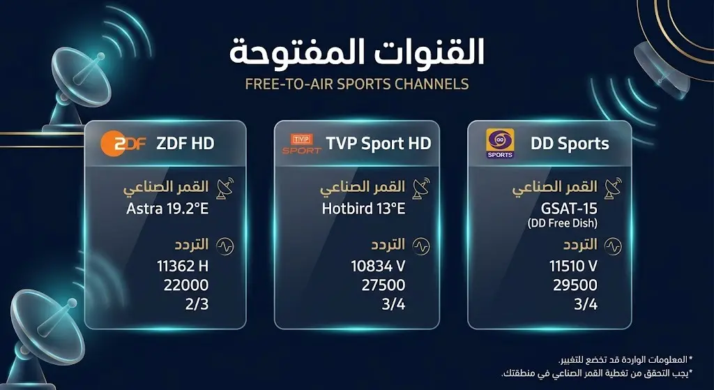 إنفوجرافيك يوضح ترددات القنوات المفتوحة المجانية الناقلة لمباراة الأرجنتين وسويسرا عبر الأقمار الصناعية المختلفة.