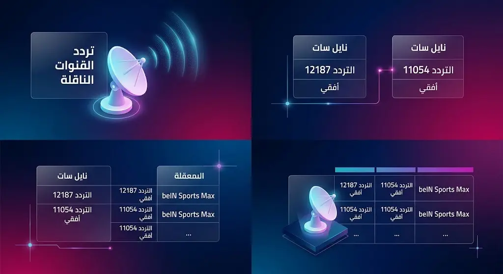 إنفوجرافيك تقني يوضح ترددات قنوات beIN Sports Max 2 و 4 على القمر الصناعي نايل سات لنقل المباراة.