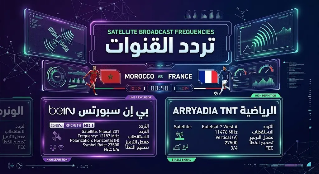 إنفوجرافيك يوضح بالتفصيل ترددات القنوات الفضائية والأرضية الناقلة لمباراة المغرب وفرنسا.