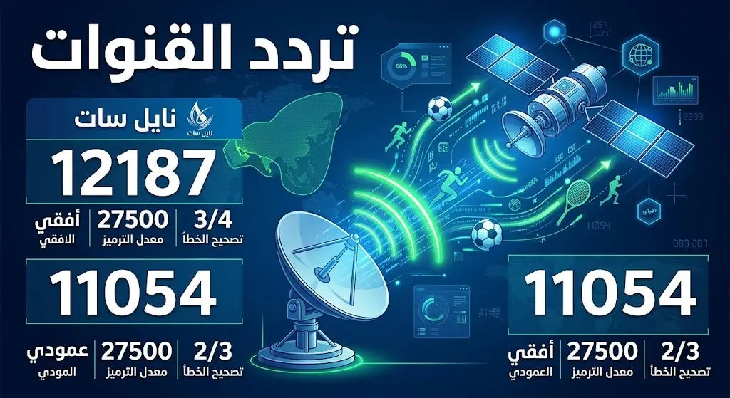 تصميم معلوماتي يعرض ترددات قنوات بي إن سبورتس الناقلة لمباراة مصر وأستراليا على القمر الصناعي نايل سات.