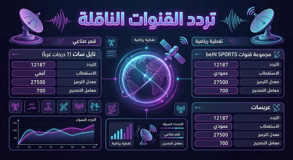 تصميم بياني يوضح ترددات القنوات الناقلة لنصف نهائي المونديال على القمر الصناعي نايل سات، متضمناً قنوات بي إن سبورتس.