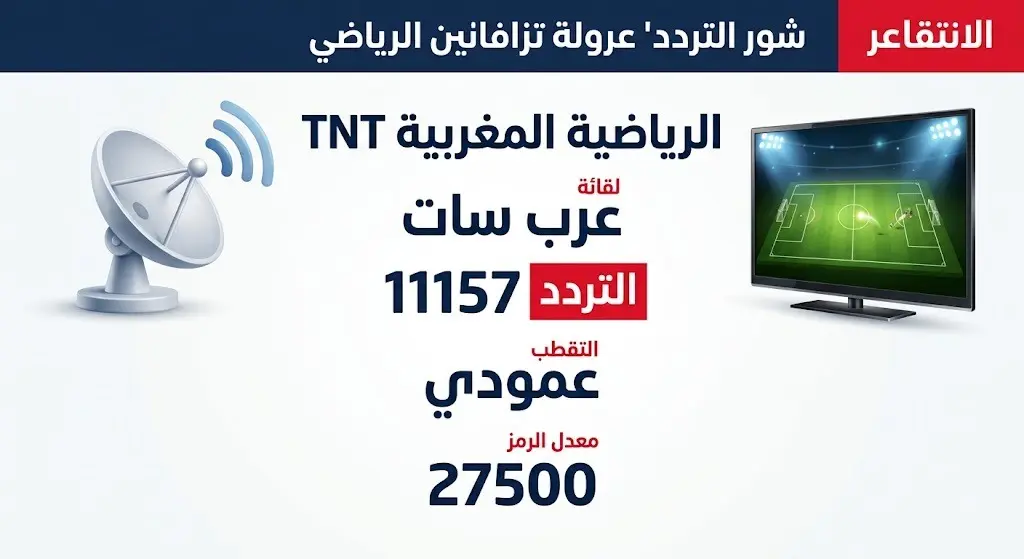 إنفوجرافيك تقني يعرض بيانات تردد قناة الرياضية المغربية TNT على القمر الصناعي عرب سات لمشاهدة المباراة.