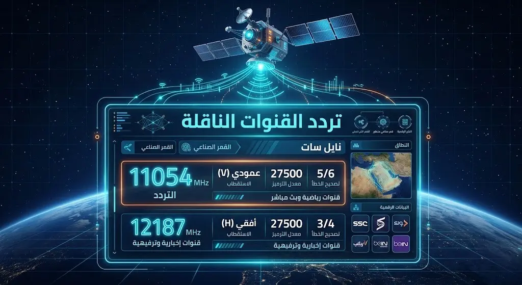 تصميم بياني يستعرض ترددات قنوات beIN Sports Max عبر القمر الصناعي نايل سات