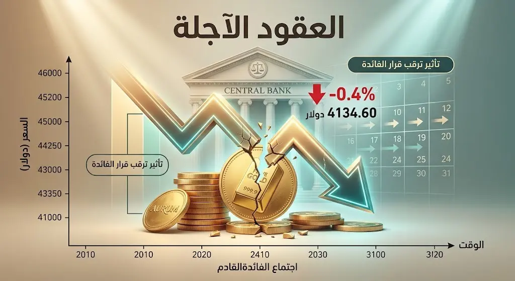 رسم تعبيري يبرز انخفاض العقود الآجلة للذهب بنسبة 0.4% وسط ترقب لقرارات الفيدرالي