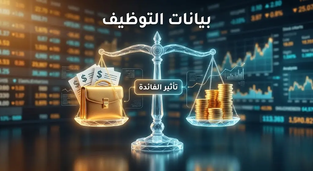 تصميم فني لميزان زجاجي يوازن بين حقيبة تمثل بيانات التوظيف الأمريكية وقطع ذهبية، مع خلفية لشاشات تداول رقمية.
