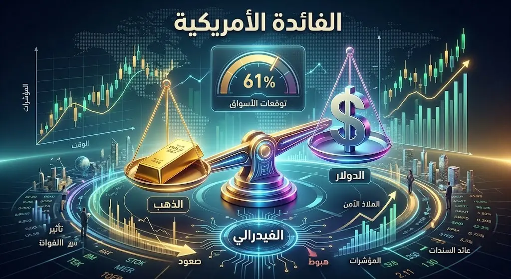 تصميم تعبيري يجسد ترقب المستثمرين لقرارات الفيدرالي الأمريكي وتأثيرها على قوة الدولار وجاذبية الذهب.
