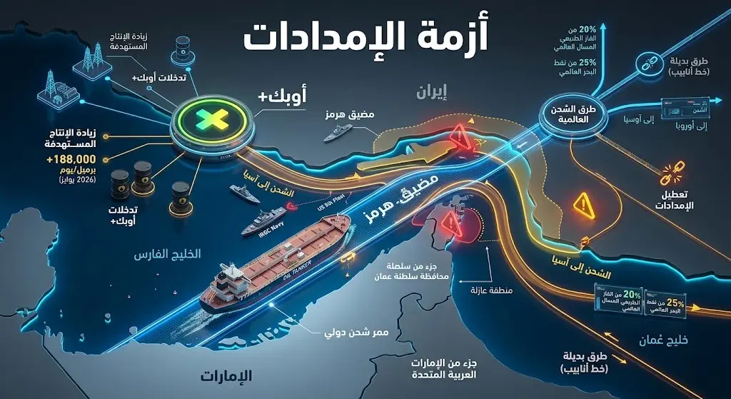 تصميم يجسد حركة الملاحة في مضيق هرمز والتأثيرات المحتملة لتدخلات تحالف أوبك+