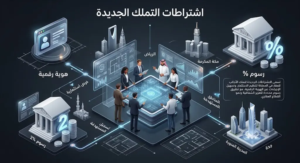 إنفوجرافيك يوضح اشتراطات تملك الأجانب للعقارات في السعودية، مثل فرض رسوم 2% في 4 مدن رئيسية وإلزامية الهوية الرقمية وفتح حساب بنكي.