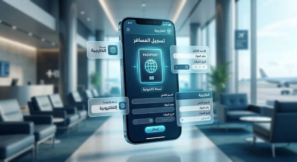 تصميم رقمي يظهر هاتفاً ذكياً يعرض منصة إلكترونية لتسجيل بيانات المسافرين وحفظ نسخة رقمية من الجواز.