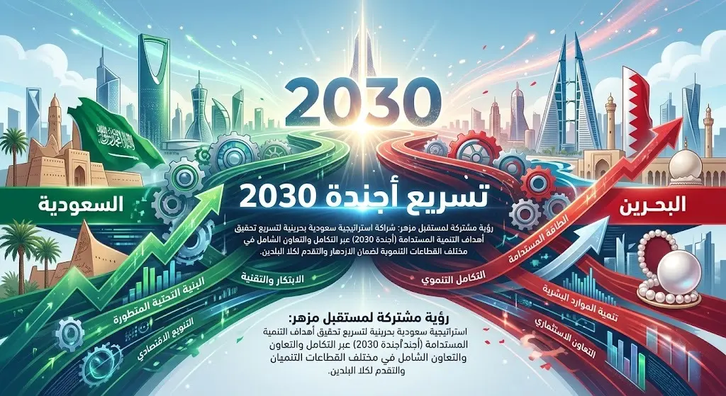تصميم بصري إبداعي يبرز مسار التكامل التنموي بين السعودية والبحرين لتسريع تحقيق أهداف أجندة التنمية المستدامة 2030.