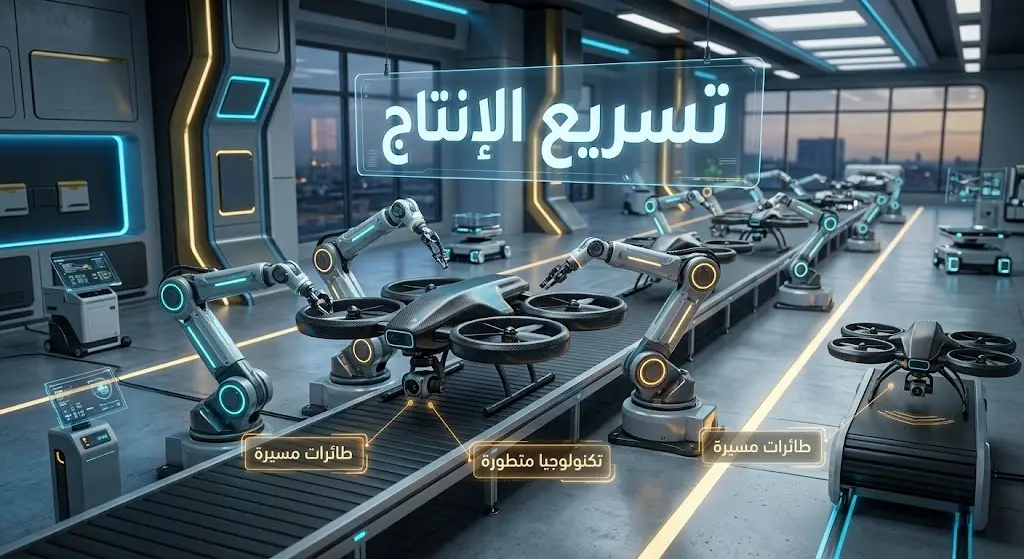 صورة تعبيرية تظهر خط إنتاج متطور لتصنيع الطائرات المسيرة بتقنيات حديثة لتمثيل تسريع الإنتاج التايواني.