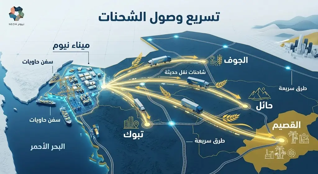 خريطة إنفوجرافيك توضح خطوط الإمداد وتوزيع شحنات القمح من ميناء نيوم إلى مناطق تبوك والجوف وحائل والقصيم.