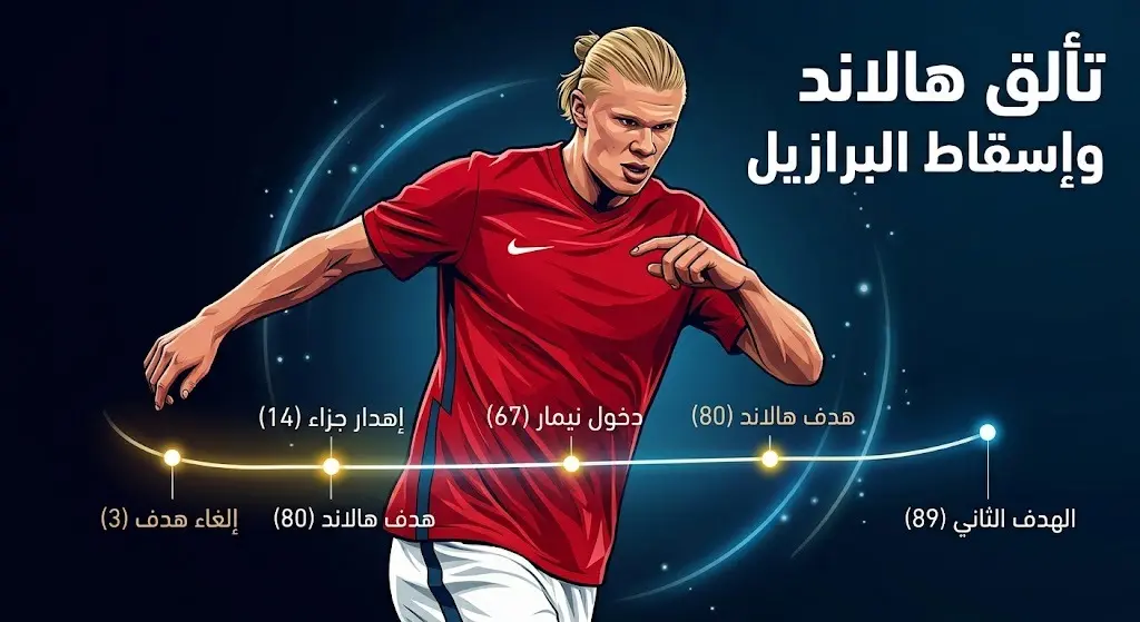 إنفوجرافيك زمني يستعرض أحداث مباراة النرويج والبرازيل وتألق إيرلينج هالاند