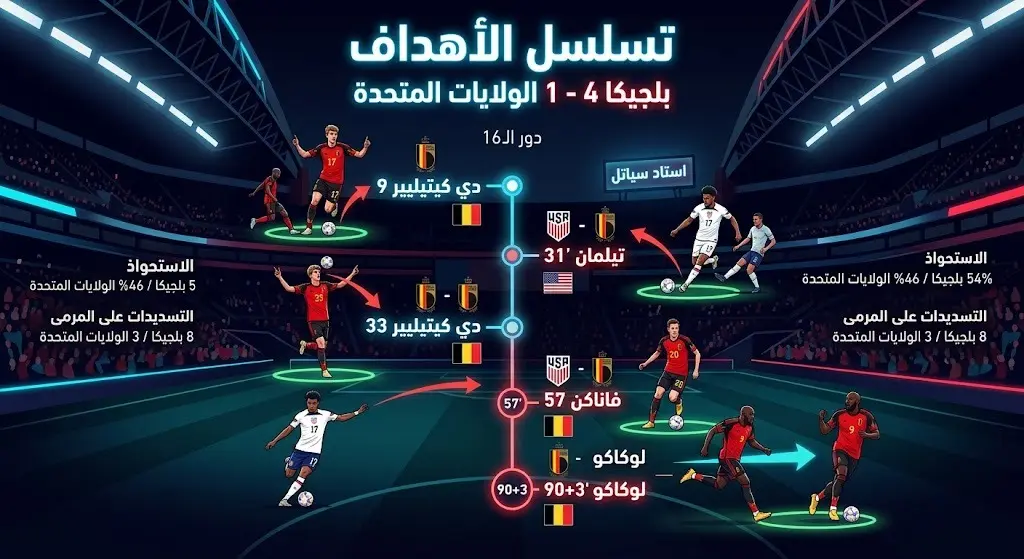 إنفوجرافيك يوضح تسلسل أهداف مباراة بلجيكا وأمريكا في دور الـ16 بتفاصيل الدقائق وأسماء اللاعبين.
