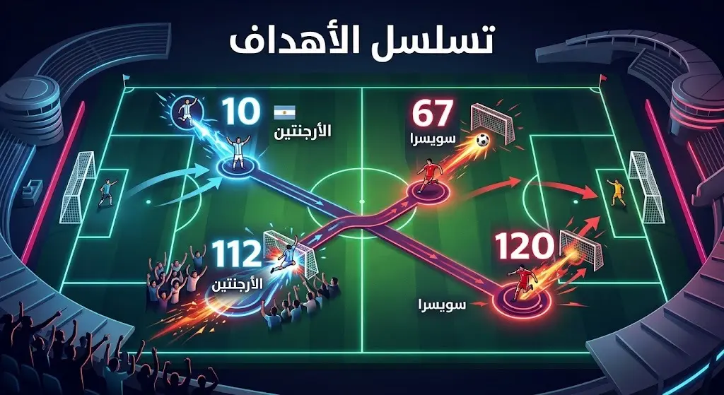 إنفوجرافيك زمني حديث يوضح تسلسل الأهداف الأربعة في مباراة الأرجنتين وسويسرا، مع تفصيل الدقائق والمنتخبات.