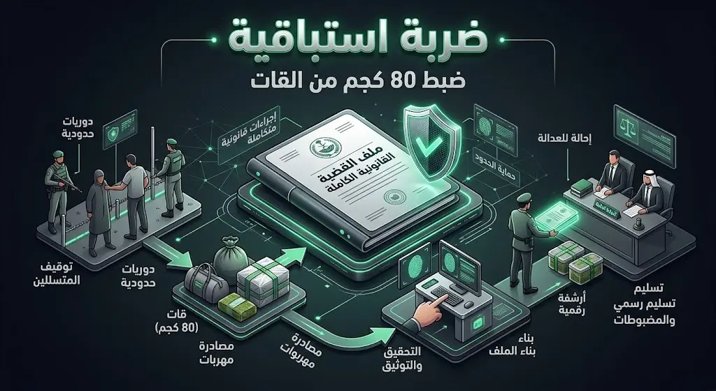 تصميم تعبيري لملفات أمنية مع نص عربي يوضح إحباط تهريب 80 كجم من القات وتسليم المخالفين