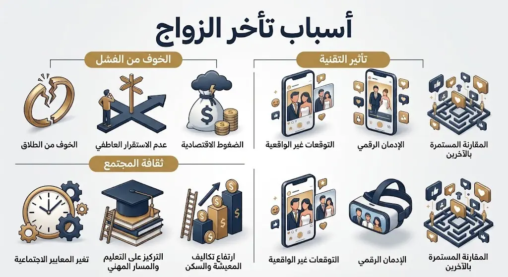 إنفوجرافيك يوضح الأسباب الرئيسية لتأخر الزواج مثل الخوف من الفشل وتأثير ثقافة المجتمع.