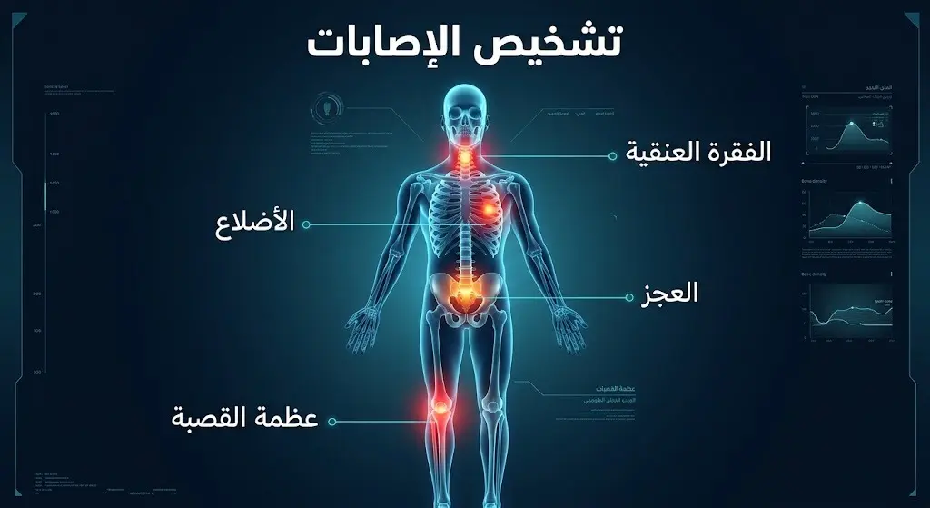 إنفوجرافيك طبي ثلاثي الأبعاد يوضح مواقع الإصابات المتعددة للمريض في الرقبة، الأضلاع، العجز، والركبة.