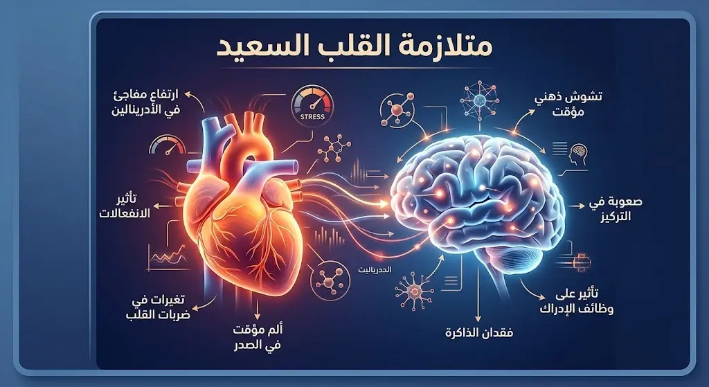 إنفوجرافيك طبي احترافي يوضح العلاقة بين القلب والدماغ وتأثير المشاعر الإيجابية الجياشة في الإصابة بمتلازمة القلب السعيد وفقدان الذاكرة المؤقت.